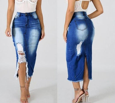 Denim Maxi Skirt High Waist Ripped Hole - Easy Pickins Store