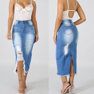 Denim Maxi Skirt High Waist Ripped Hole - Easy Pickins Store