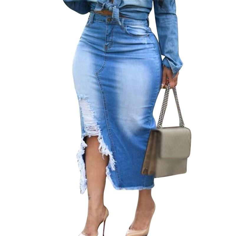 Denim Maxi Skirt High Waist Ripped Hole - Easy Pickins Store