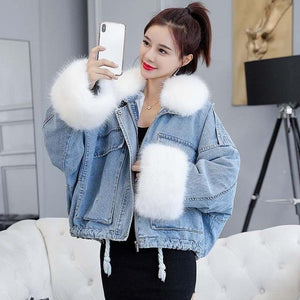 Denim Soft Jeans Fur Collar Loose Thick Warm Coat - Easy Pickins Store