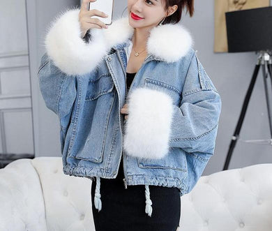 Denim Soft Jeans Fur Collar Loose Thick Warm Coat - Easy Pickins Store