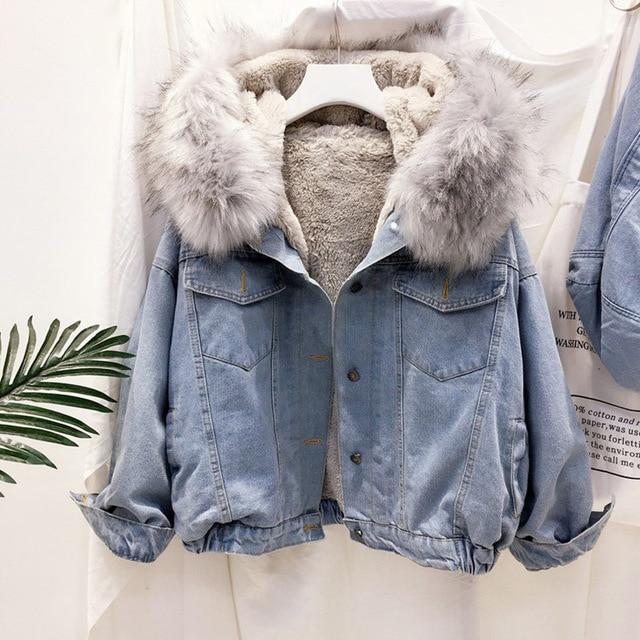 Denim Soft Jeans Fur Collar Loose Thick Warm Coat - Easy Pickins Store