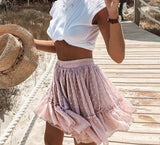 Dot ruffle pink skirt high waist short skirt Floral print chiffon - Easy Pickins Store