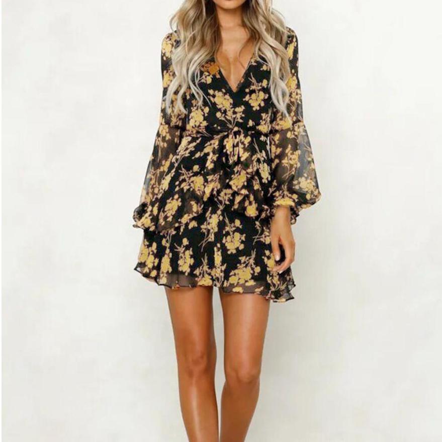 Dress Floral Leaf Printed Lantern Sleeve Empire - Easy Pickins Store