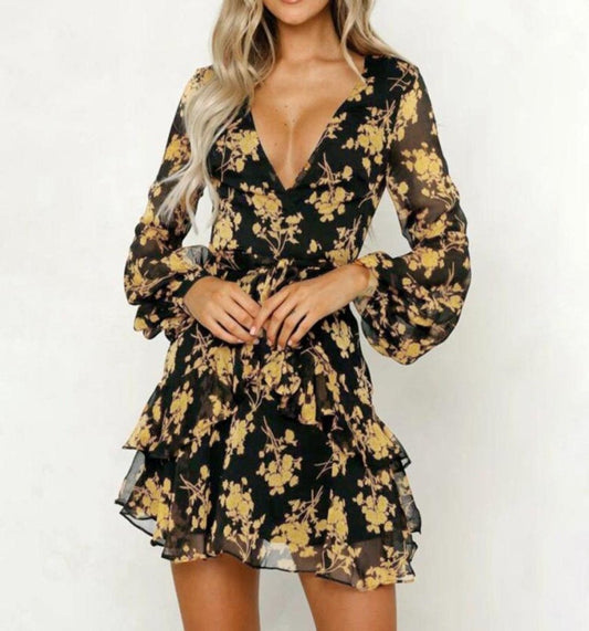 Dress Floral Leaf Printed Lantern Sleeve Empire - Easy Pickins Store