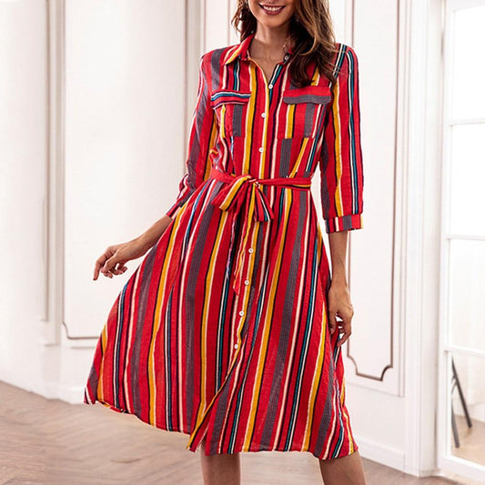 Dress Long Sleeve Striped Multicolor Loose Button With Belt - Easy Pickins Store