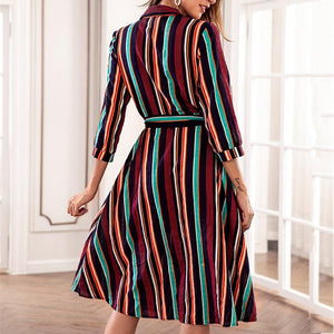 Dress Long Sleeve Striped Multicolor Loose Button With Belt - Easy Pickins Store