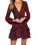 Dress Printing Ruffles Long Sleeve V Neck Mini - Easy Pickins Store