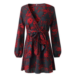 Dress Printing Ruffles Long Sleeve V Neck Mini - Easy Pickins Store
