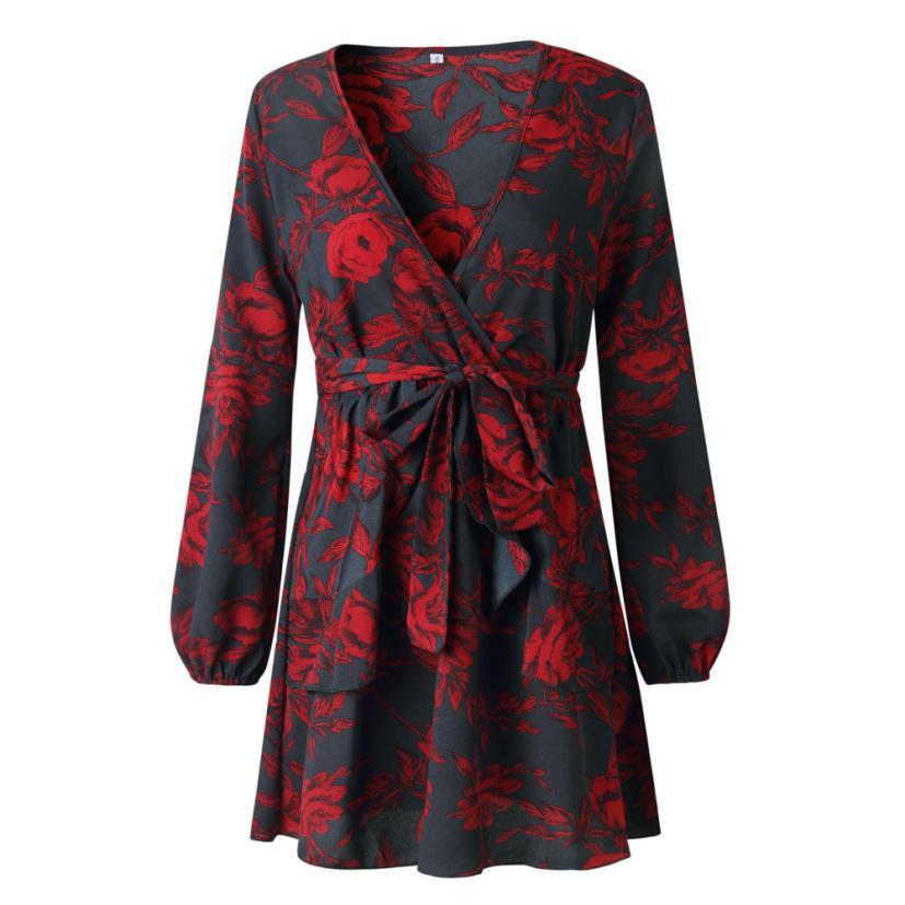 Dress Printing Ruffles Long Sleeve V Neck Mini - Easy Pickins Store