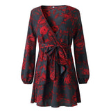 Dress Printing Ruffles Long Sleeve V Neck Mini - Easy Pickins Store
