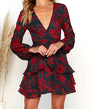 Dress Printing Ruffles Long Sleeve V Neck Mini - Easy Pickins Store