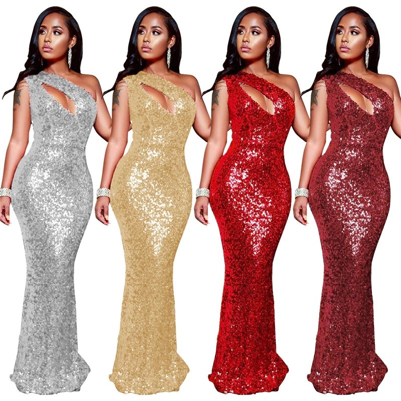 Dress Sexy Sparkle One Shoulder Elegant Long Vestido - Easy Pickins Store