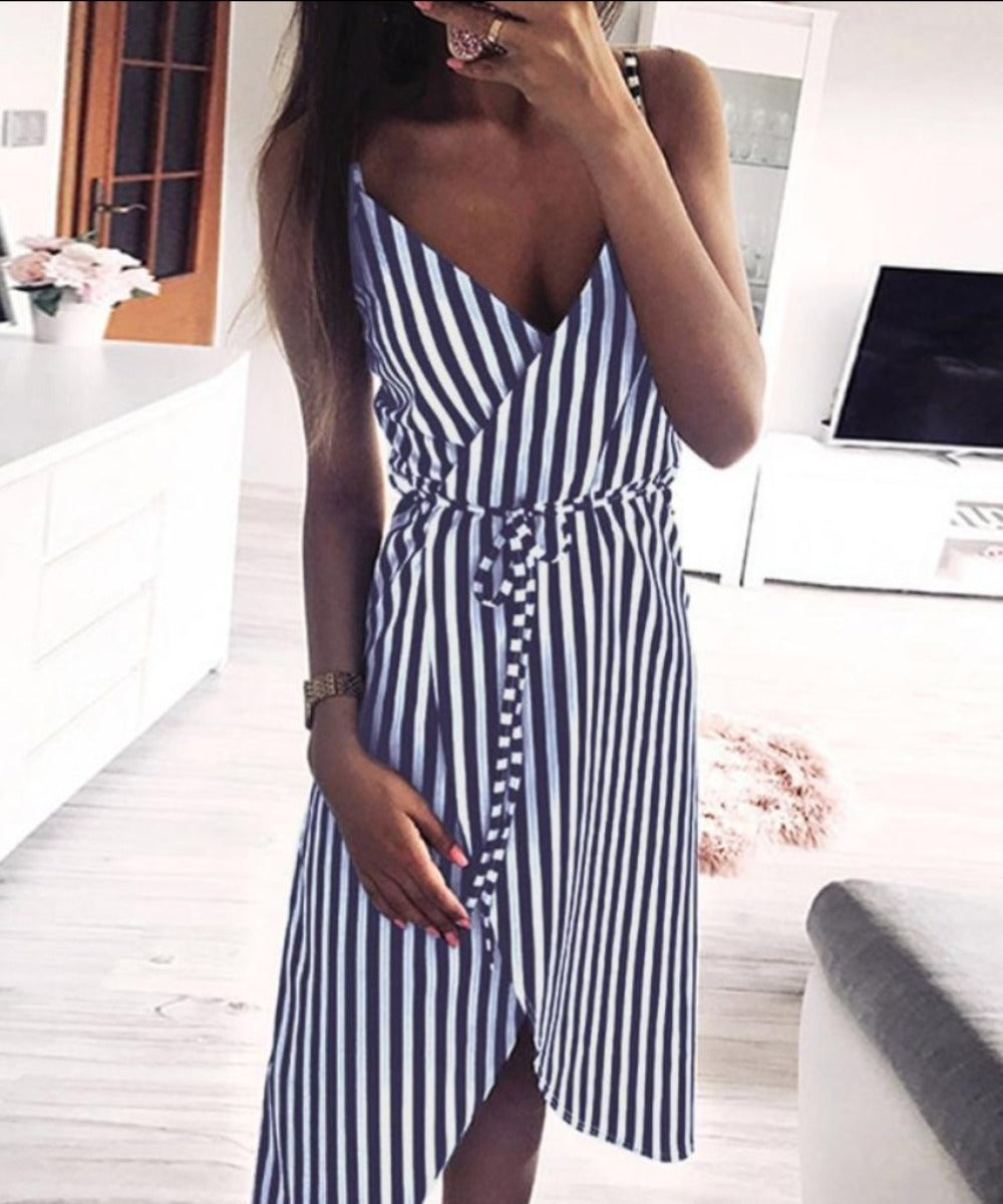 Dress Stripe Printing Sleeveless Off Shoulder Vest Empire Sashes - Easy Pickins Store