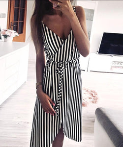 Dress Stripe Printing Sleeveless Off Shoulder Vest Empire Sashes - Easy Pickins Store