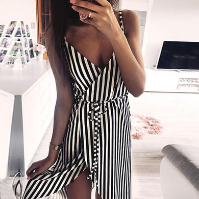 Dress Stripe Printing Sleeveless Off Shoulder Vest Empire Sashes - Easy Pickins Store