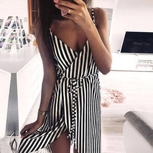 Dress Stripe Printing Sleeveless Off Shoulder Vest Empire Sashes - Easy Pickins Store