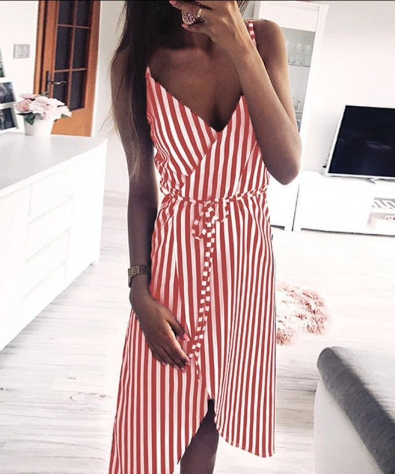 Dress Stripe Printing Sleeveless Off Shoulder Vest Empire Sashes - Easy Pickins Store