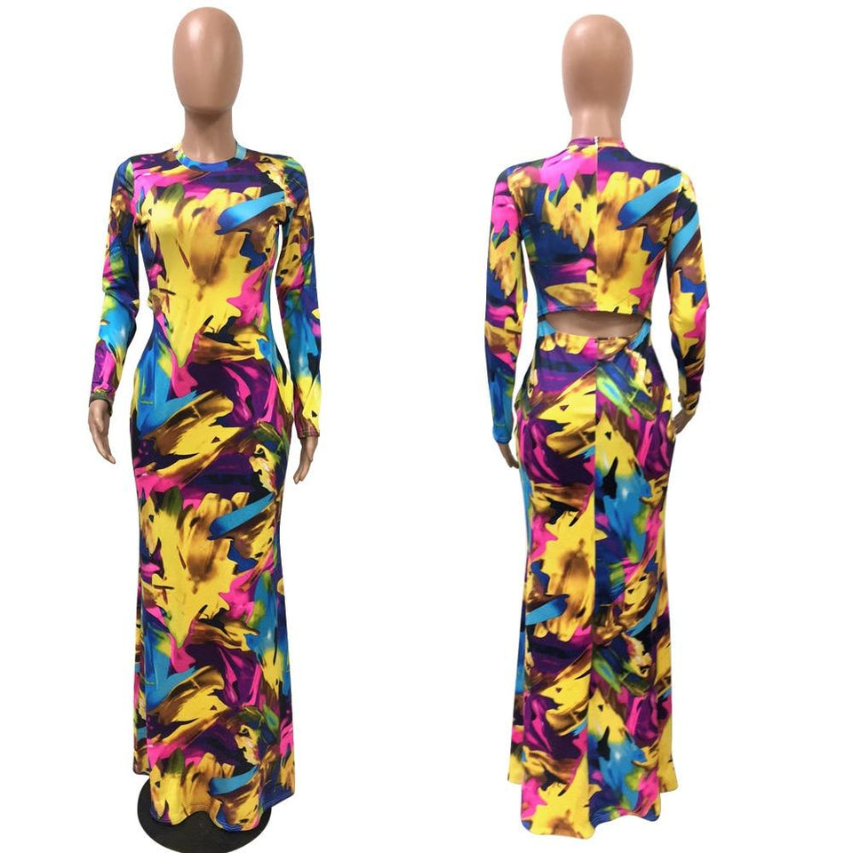 Elegant Boho Floral Print Halter Long Dress Backless Hollow Out - Easy Pickins Store