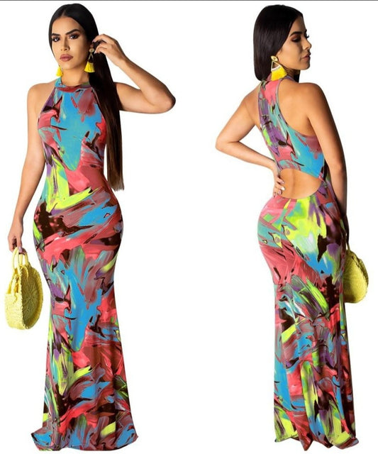 Elegant Boho Floral Print Halter Long Dress Backless Hollow Out - Easy Pickins Store