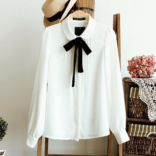 Elegant Bow Tie White Blouse Chiffon - Easy Pickins Store