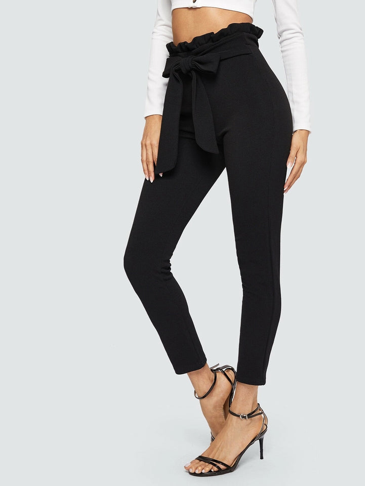 Elegant Paper-bag Waist Belted Detail Solid High Waist Skinny Frill Trim Elastic Waist Pants - Easy Pickins Store