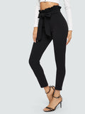 Elegant Paper-bag Waist Belted Detail Solid High Waist Skinny Frill Trim Elastic Waist Pants - Easy Pickins Store