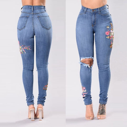 Embroidered Button Pocket High Waist Denim Skinny Slim Jeans - Easy Pickins Store