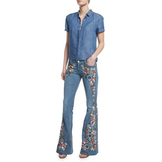 Embroidery Flowers Flare Button Waist Bell Bottom Denim Jeans - Easy Pickins Store