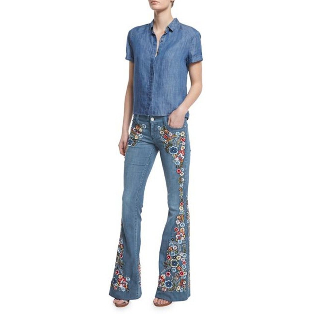 Embroidery Flowers Flare Jeans Button Waist Bell Bottom Denim - Easy Pickins Store