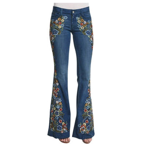 Embroidery Flowers Flare Jeans Button Waist Bell Bottom Denim - Easy Pickins Store