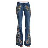 Embroidery Flowers Flare Jeans Button Waist Bell Bottom Denim - Easy Pickins Store