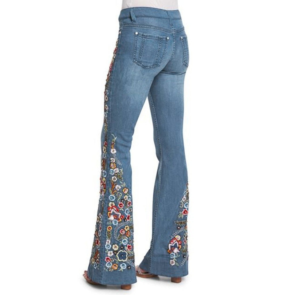 Embroidery Flowers Flare Jeans Button Waist Bell Bottom Denim - Easy Pickins Store