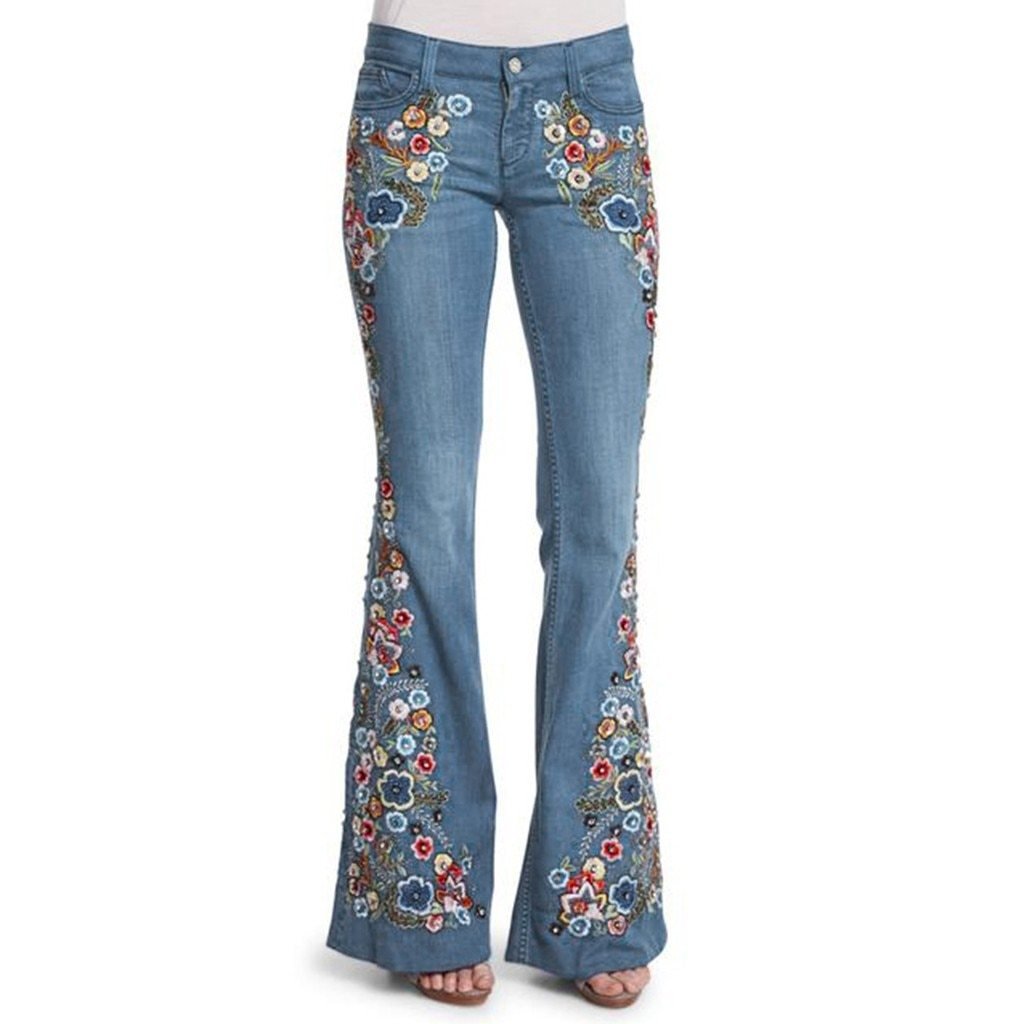 Embroidery Flowers Flare Jeans Button Waist Bell Bottom Denim - Easy Pickins Store