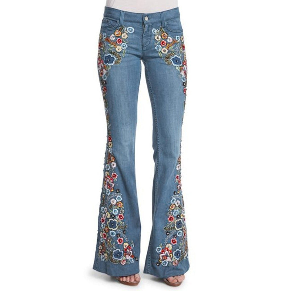 Embroidery Flowers Flare Jeans Button Waist Bell Bottom Denim - Easy Pickins Store