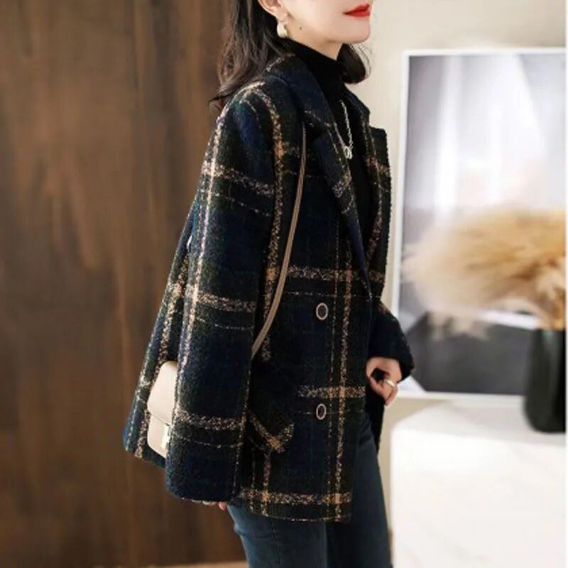 Fashion Plaid Casual Slim Double Breasted Woolen Coat - Easy Pickins Store