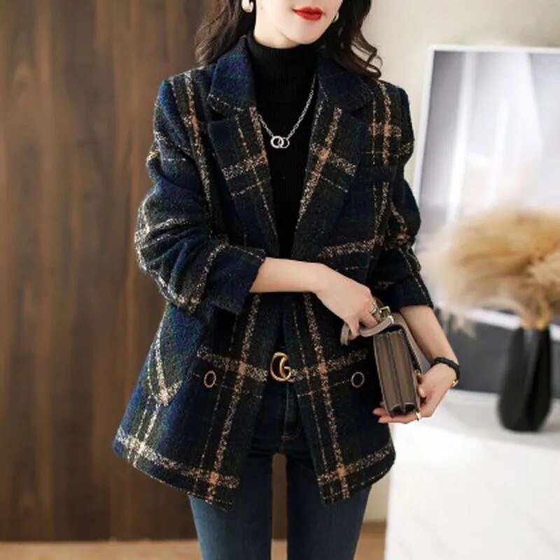 Fashion Plaid Casual Slim Double Breasted Woolen Coat - Easy Pickins Store