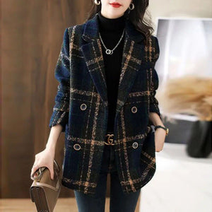 Fashion Plaid Casual Slim Double Breasted Woolen Coat - Easy Pickins Store