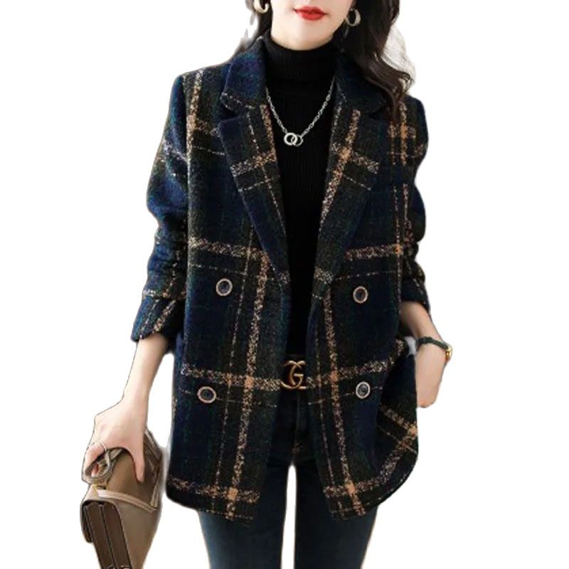Fashion Plaid Casual Slim Double Breasted Woolen Coat - Easy Pickins Store