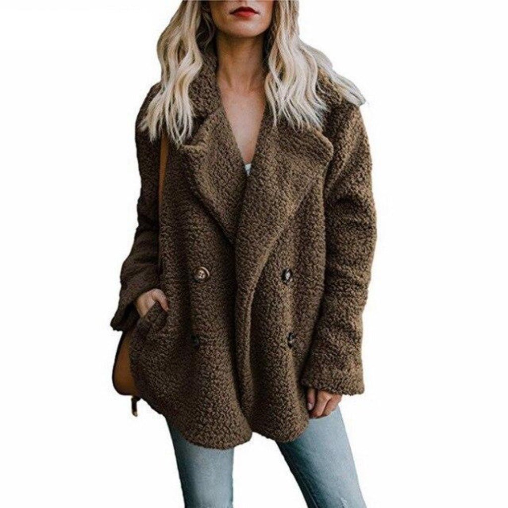 Faux Fur Lapel Long Sleeve Teddy Overcoat - Easy Pickins Store