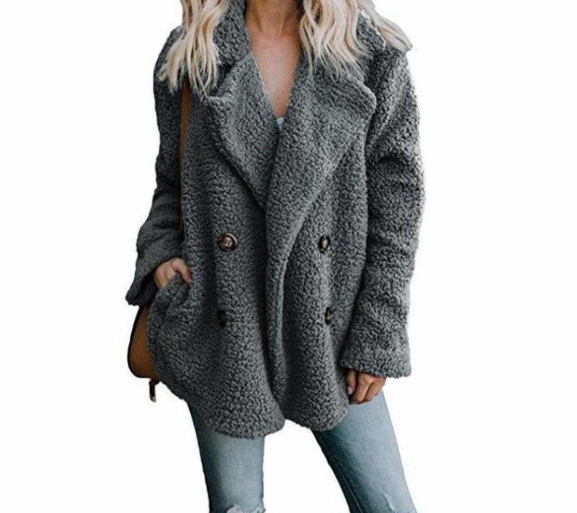 Faux Fur Lapel Long Sleeve Teddy Overcoat - Easy Pickins Store