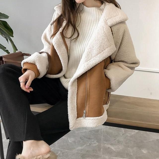 Faux Suede Fur Collar Aviator Motorcycle Biker Lamb Wool Coat - Easy Pickins Store