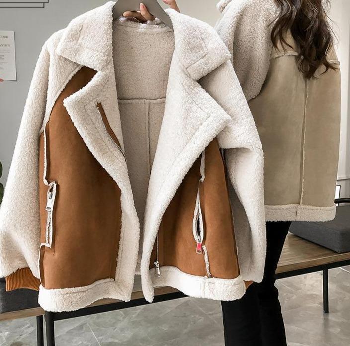 Faux Suede Fur Collar Aviator Motorcycle Biker Lamb Wool Coat - Easy Pickins Store