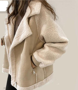 Faux Suede Fur Collar Aviator Motorcycle Biker Lamb Wool Coat - Easy Pickins Store