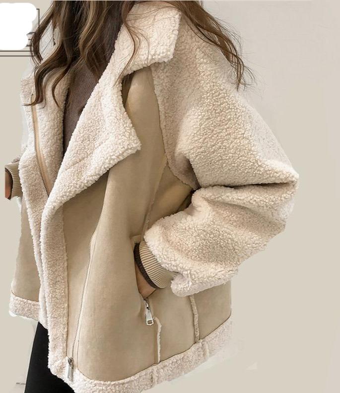 Faux Suede Fur Collar Aviator Motorcycle Biker Lamb Wool Coat - Easy Pickins Store