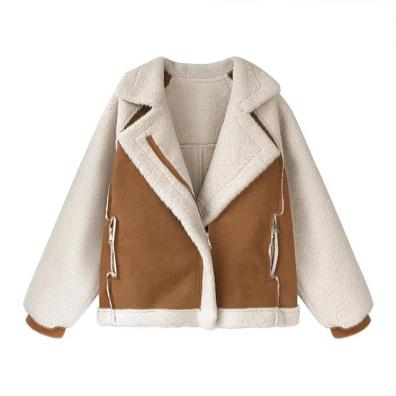 Faux Suede Fur Collar Aviator Motorcycle Biker Lamb Wool Coat - Easy Pickins Store