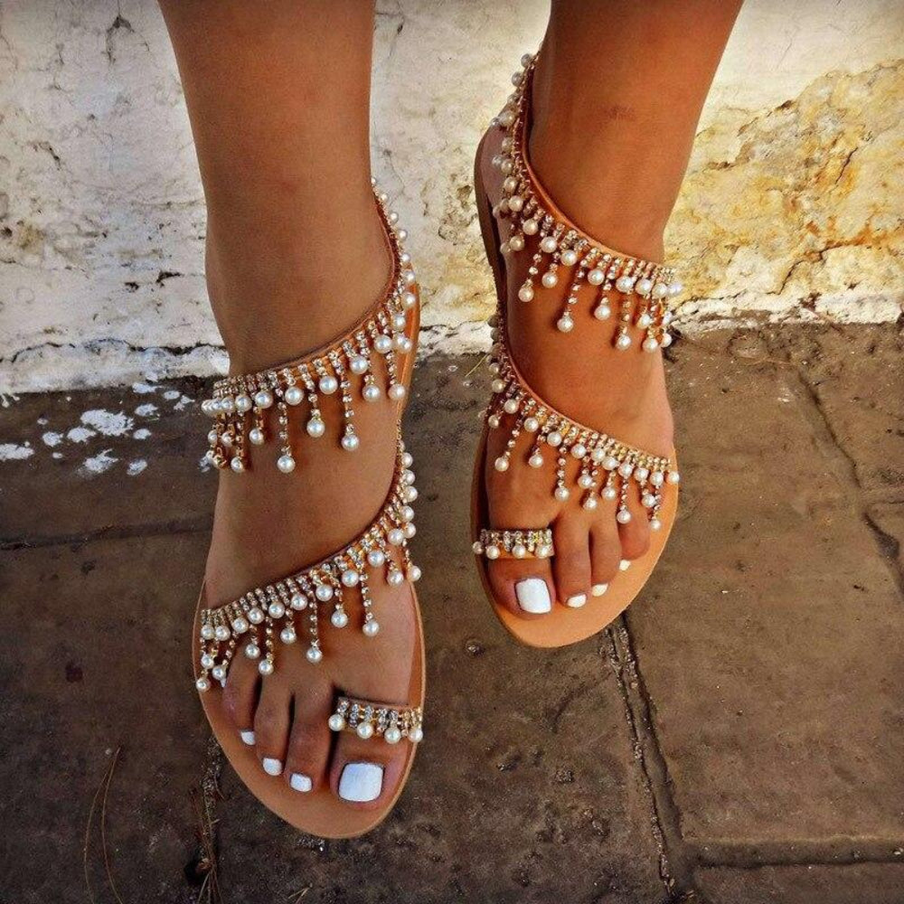 Flat Pearl String Bead Sandals - Easy Pickins