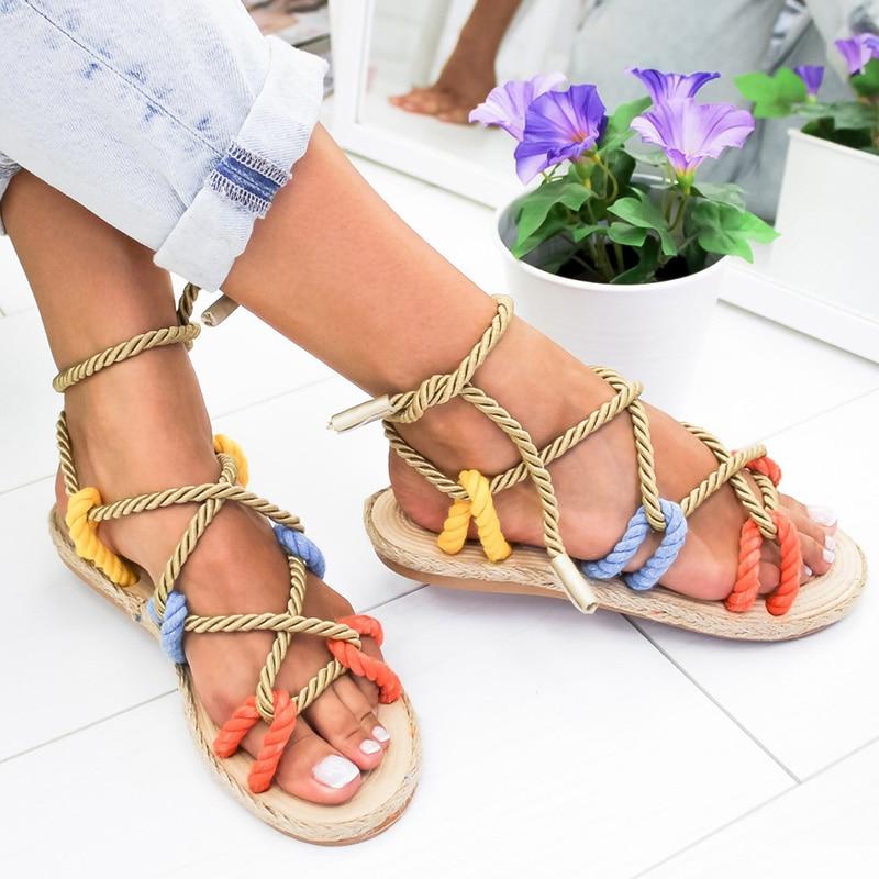 Flat Sole Gladiator Sandals Hemp Rope Lace Up Non slip - Easy Pickins Store