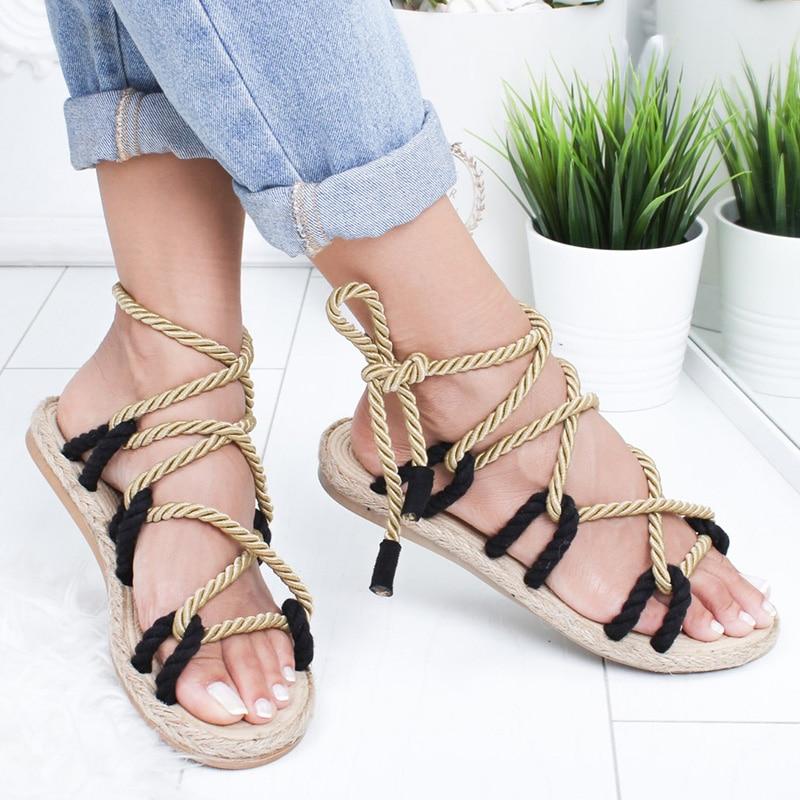 Flat Sole Gladiator Sandals Hemp Rope Lace Up Non slip - Easy Pickins Store
