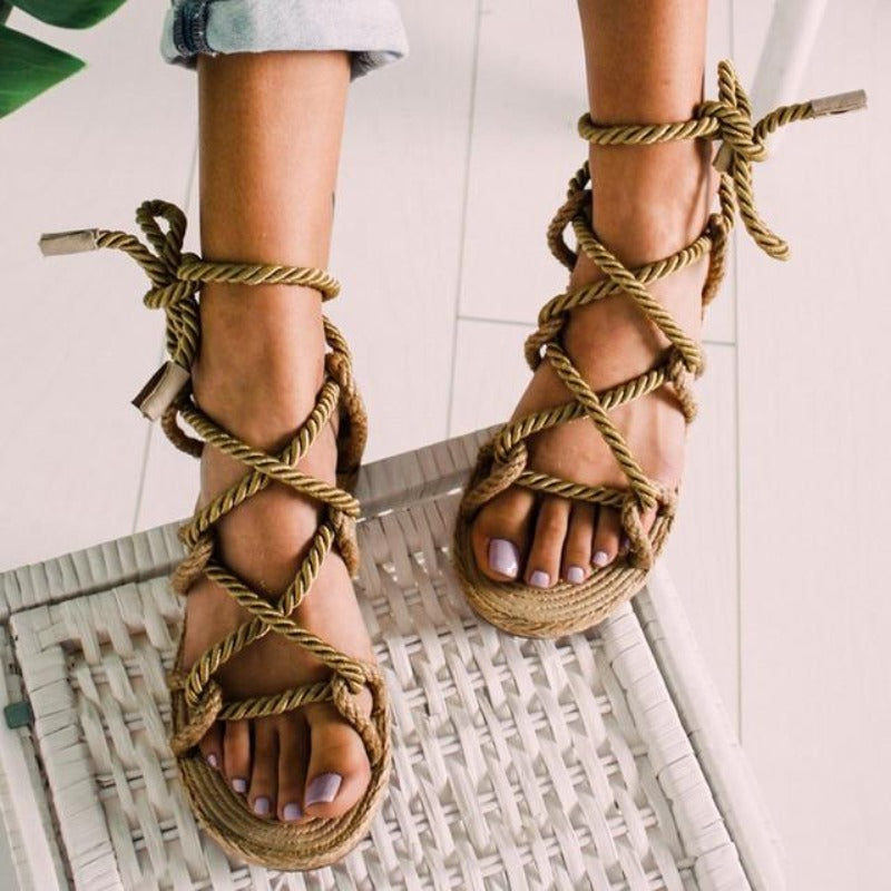 Flat Sole Gladiator Sandals Hemp Rope Lace Up Non slip - Easy Pickins Store
